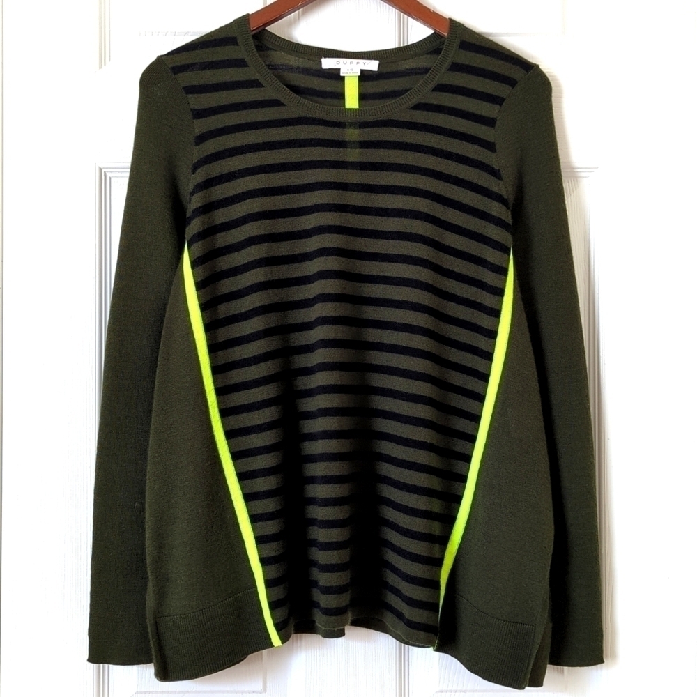 Duffy Lightweight Wool & Cashmere Striped Knit Flared Slit Hem Sweater Green XS
